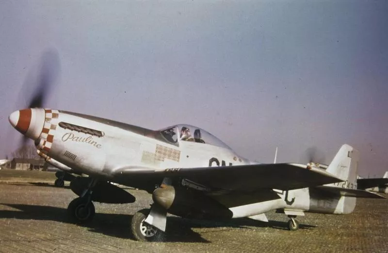 A P-51 Mustang (6N-C, serial number 44-72437) nicknamed "Pauline" of the 339th Fighter Group, flown by Lieutenant-Colonel Joseph L. Thury. Image via Stephen C Ananian, 339th Fighter Group. Written on slide casing: 'Lt Col Joe Thury, 6N-C 472437.'