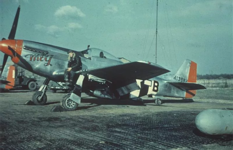 A P-51 Mustang (serial number 44-13984) nicknamed "meg", of the 334th Fighter Squadron, 4th Fighter Group, at Debden. The aircraft was piloted by Lieutenant Clarence Boretsky. Handwritten on slide:"QP:B P51 B13" 