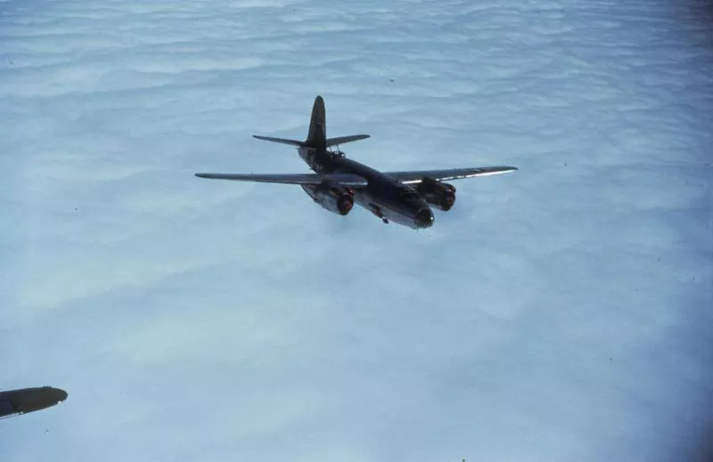 A B-26 Marauder of the 397th Bomb Group in flight above the clouds. Image via Stan Walsh.