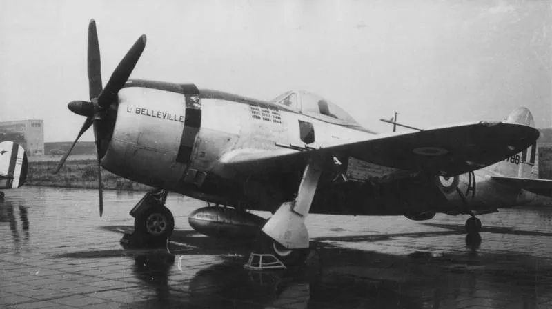 A P-47 Thunderbolt (serial number 44-89788) nicknamed "L' Belleville" of the French Air Force, during a visit to Templehof, Berlin 1948. Handwritten caption on revese: '3U:A Templehof, 1948.'
