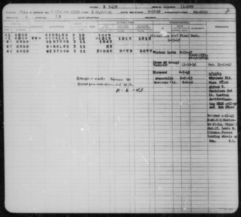 Service record for a P-47 Thunderbolt (serial number 41-6059), 13 September 1942-2 August 1943.