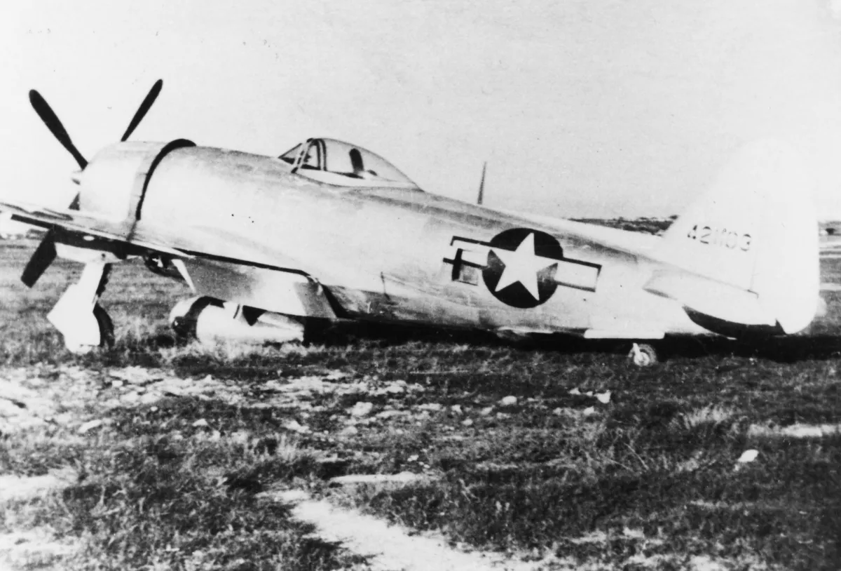 A P-47 Thunderbolt (serial number 44-21103) of Groupe de Chasse II/5 of the French Air Force. Handwritten caption on reverse: '44-21103, P-47D-?-? Bron, 1945- II/5 "La Fayette"